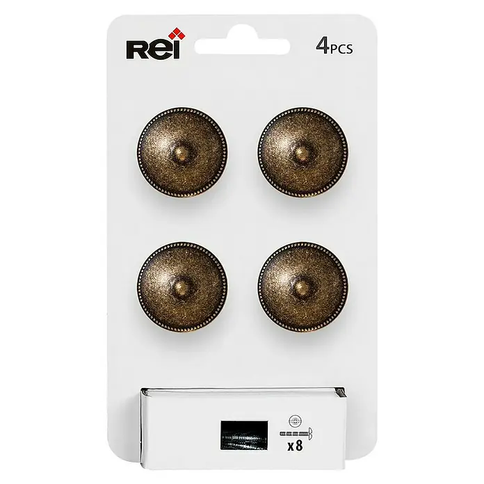 Rei Pomo para muebles 3121 - Diámetro: 30 mm, Cuero viejo, 4 ud. - Primer plano de un paquete de cuatro clavos decorativos Rei de color bronce, ideales para proyectos de muebles.