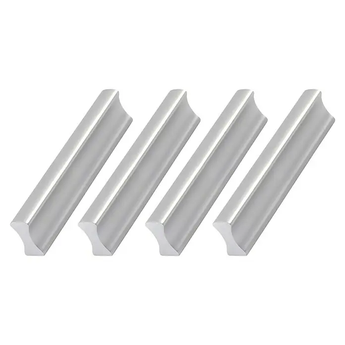 Rei Tirador para muebles 2279 - Distancia entre orificios: 64 mm, Plateado, 4 ud. - Cuatro tiradores de armario plateados con un diseño curvo, que proporcionan un toque moderno, adecuados para el montaje de muebles y una estética elegante.