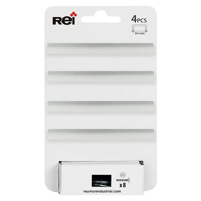 Rei Tirador para muebles 2279 - Distancia entre orificios: 64 mm, Plateado, 4 ud. - Grapas REI, 4 unidades, 64 mm de ancho. Ideal para trabajos de oficina y fijación de documentos.