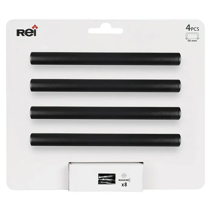 Rei Tirador para muebles 891H - Distancia entre orificios: 96 mm, Negro, 4 ud. - Un paquete de soportes para radiadores Rei, compuesto por cuatro barras negras y ocho cepillos para la limpieza de radiadores.