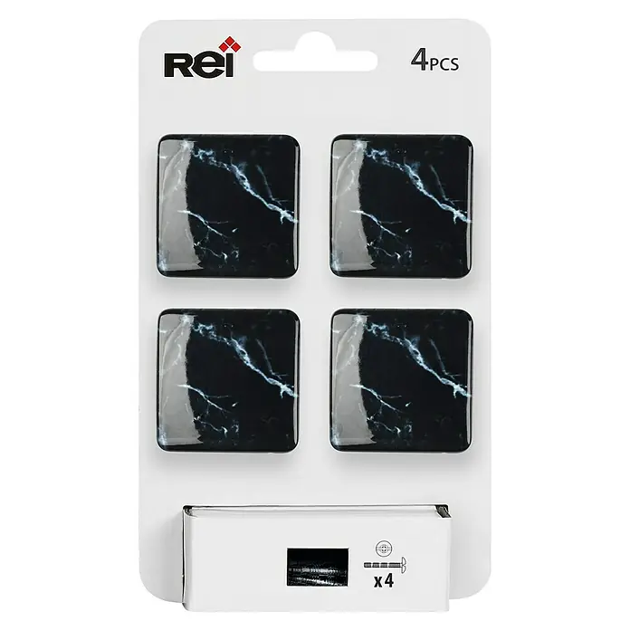 Rei Pomo para muebles - L x An: 37 x 37 mm, Mármol negro, Brillante, 4 ud. - Un paquete de cuatro ganchos de pared cuadrados Rei con aspecto de mármol, ideales para un almacenamiento elegante en todo el hogar.