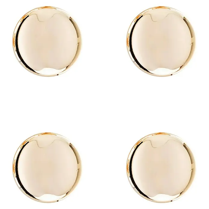 Rei Pomo para muebles 760 - Diámetro: 25 mm, Dorado, 4 ud. - Primer plano de cuatro pendientes de botón dorados con un acabado liso y brillante sobre un fondo negro neutro.