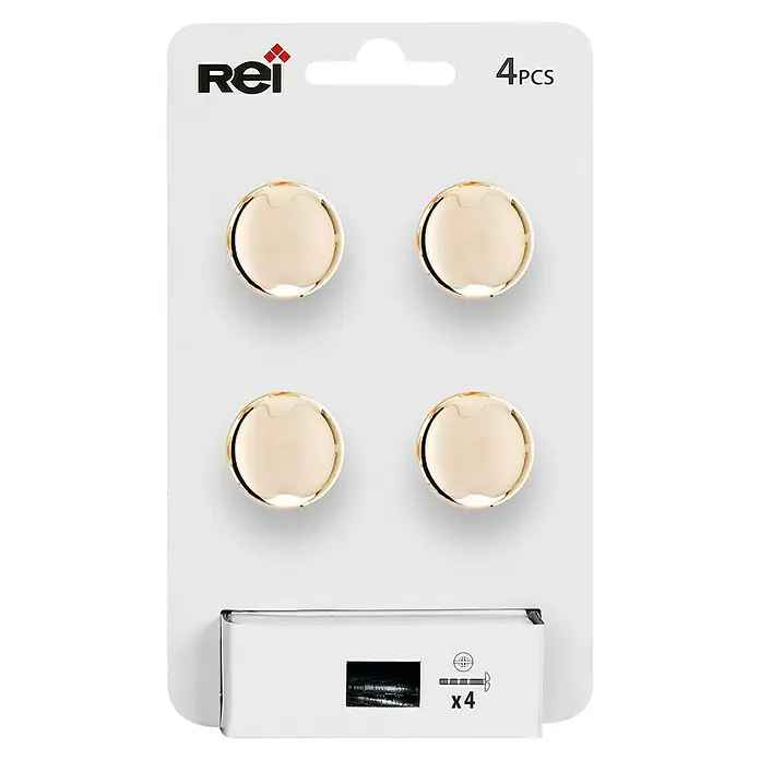 Rei Pomo para muebles 760 - Diámetro: 25 mm, Dorado, 4 ud. - Imagen de un paquete que contiene cuatro botones dorados Rei.