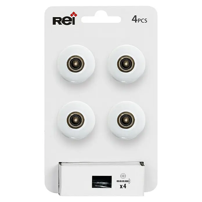 Rei Pomo para muebles - Diámetro: 31 mm, Blanco/Cuero, Brillante, 4 ud. - Un paquete de cuatro pomos de gabinete Rei blancos con detalles en bronce, perfectos para renovar muebles.