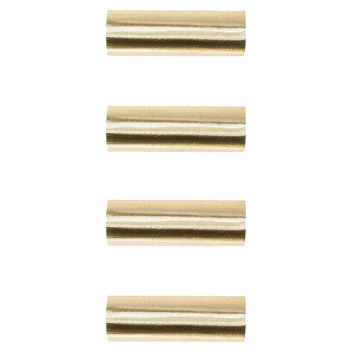Rei Tirador para muebles - Distancia entre orificios: 36 mm, Latón, Brillante, 4 ud. - Primer plano de cuatro tubos de radiador dorados con líneas horizontales y detalles de textura sobre un fondo negro.