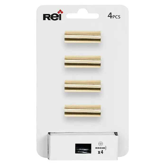 Rei Tirador para muebles - Distancia entre orificios: 36 mm, Latón, Brillante, 4 ud. - Un paquete de cuatro piezas de adorno doradas con tornillos de Rei, utilizadas para muebles o fines decorativos.