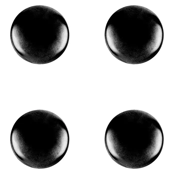 Rei Pomo para muebles 760 - Diámetro: 25 mm, Negro, 4 ud. - Ilustración de cuatro objetos redondos negros con una superficie brillante sobre un fondo negro.