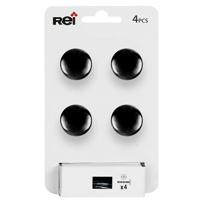 Rei Pomo para muebles 760 - Diámetro: 25 mm, Negro, 4 ud. - Imagen de un paquete con cuatro imanes negros. Ideal para fijar notas o fotos en superficies magnéticas.