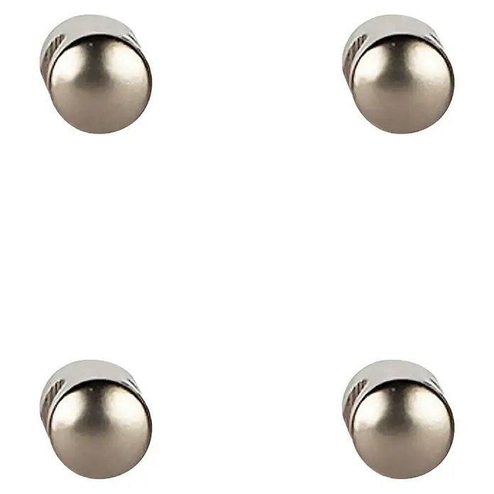 Rei Pomo para muebles - Diámetro: 14 mm, Níquel, Mate sedoso, 4 ud. - La imagen muestra un primer plano de cuatro luces esféricas metálicas, dispuestas en un patrón cuadrado sobre un fondo negro.