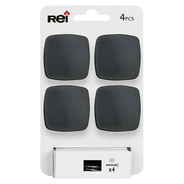 Rei Pomo para muebles - L x An: 40 x 40 mm, Negro, Mate, 4 ud. - Un paquete con cuatro deslizadores de muebles cuadrados negros de la marca Rei, con tornillos para la fijación.