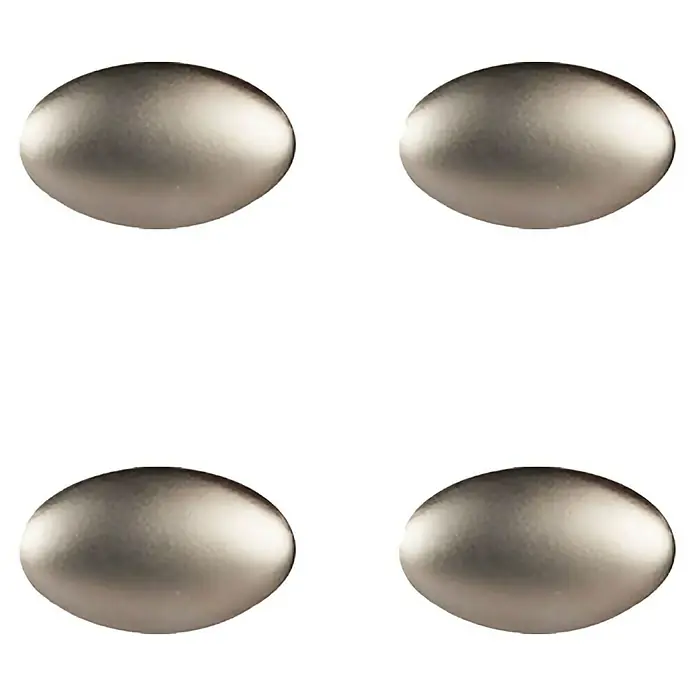 Rei Pomo para muebles - L x An: 33 x 18 mm, Níquel, Satinado, 4 ud. - Cuatro botones grises ovalados sobre un fondo negro, ideales para prendas y accesorios elegantes.