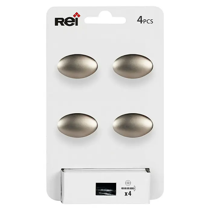 Rei Pomo para muebles - L x An: 33 x 18 mm, Níquel, Satinado, 4 ud. - Paquete de cuatro pomos ovalados Rei para muebles en acabado de níquel cepillado, completo con tornillos para una fácil instalación.
