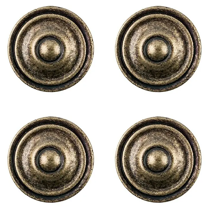 Rei Pomo para muebles 3110 - Diámetro: 35 mm, Cuero viejo, 4 ud. - Primer plano de cuatro pomos redondos de bronce de estilo antiguo dispuestos sobre un fondo negro.