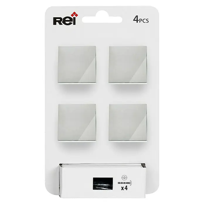 Rei Pomo para muebles - L x An: 30 x 30 mm, Cromo, Mate, 4 ud. - La imagen muestra un paquete de cuatro ganchos de pared cuadrados y autoadhesivos. El paquete también incluye accesorios de fijación.