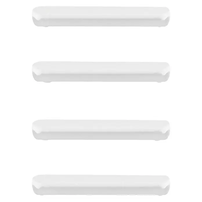Rei Tirador para muebles 6206 - Distancia entre orificios: 32 mm, Blanco, 4 ud. - Un primer plano de cuatro objetos blancos alargados con esquinas redondeadas contra un fondo negro, creando una estética minimalista.