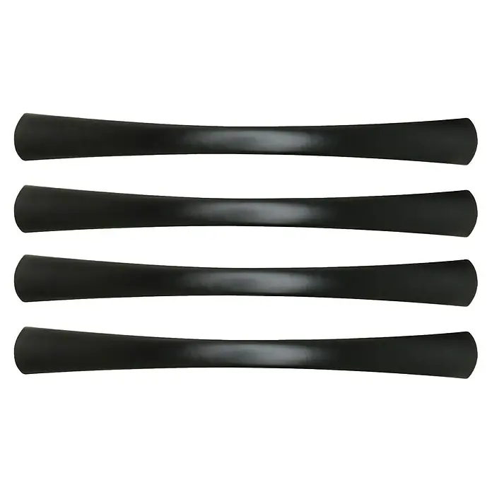 Rei Tirador para muebles 589A - Distancia entre orificios: 128 mm, Negro, Mate, 4 ud. - Captura de cuatro elegantes soportes para palillos negros, que se estrechan hacia el centro, ofreciendo una elegante mesa para comidas con estilo.