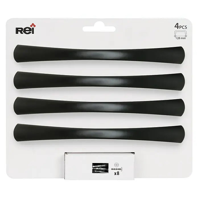 Rei Tirador para muebles 589A - Distancia entre orificios: 128 mm, Negro, Mate, 4 ud. - Un paquete de cuatro tiradores de armario Rei negros mate con tornillos para una fácil instalación, perfecto para un diseño moderno.