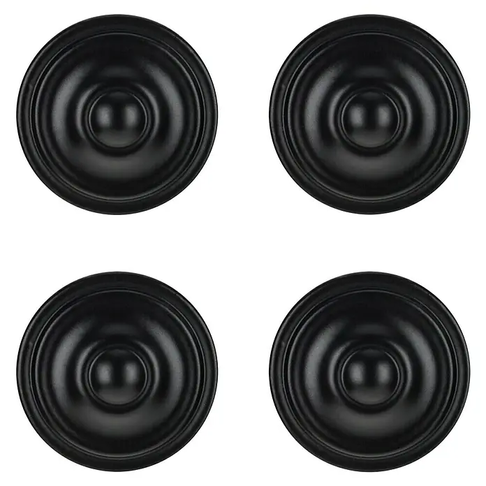 Rei Pomo para muebles 3110 - Diámetro: 35 mm, Negro, 4 ud. - Primer plano de cuatro pomos de armario redondos y negros con un diseño abombado, sobre un fondo negro.