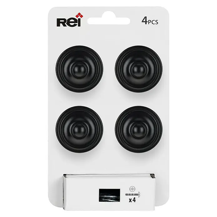 Rei Pomo para muebles 3110 - Diámetro: 35 mm, Negro, 4 ud. - Un paquete de cuatro pomos de armario Rei redondos negros con tornillos para una fácil instalación.
