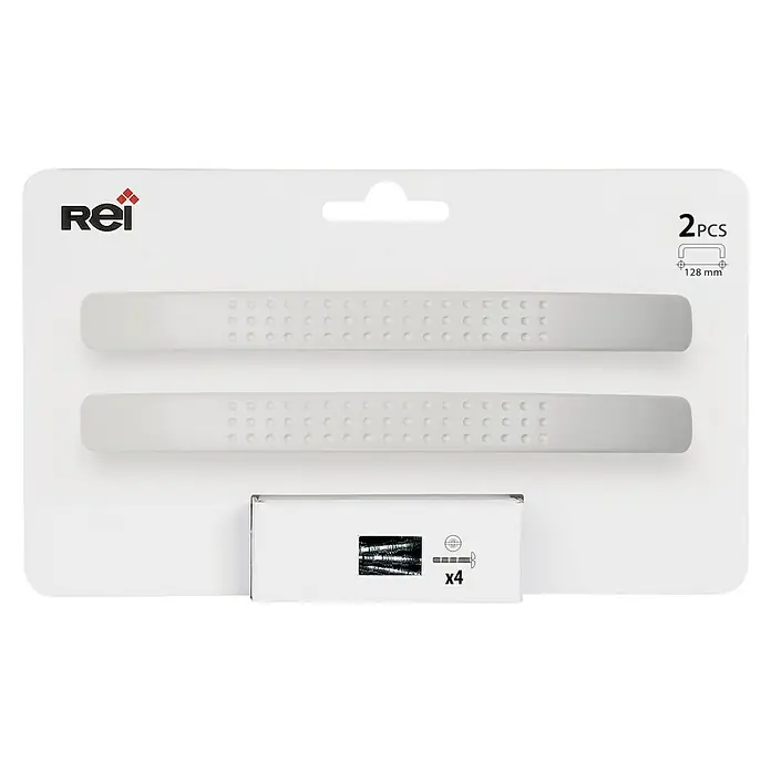 Rei Tirador para muebles - Distancia entre orificios: 128 mm, Blanco, Mate, 2 ud. - Imagen de un paquete de producto Rei que contiene dos manijas y cuatro tornillos.