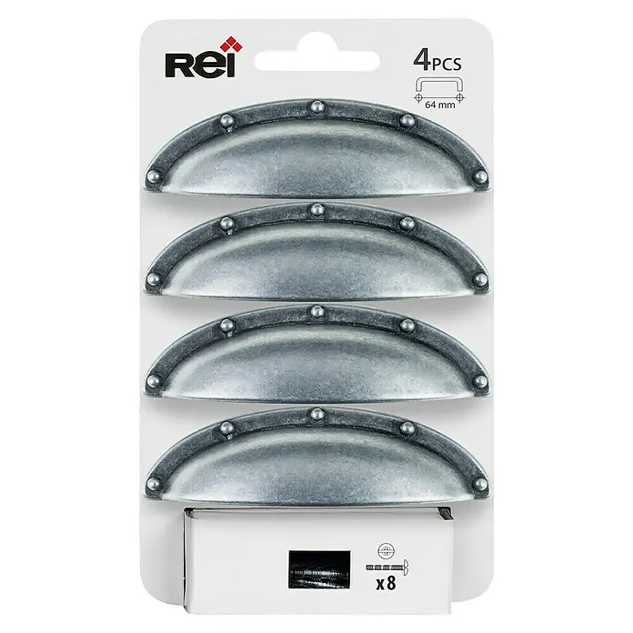 Rei Tirador para muebles 2004 - Distancia entre orificios: 64 mm, Plata vieja, 4 ud. - Paquete de cuatro tiradores de concha Rei de metal con aspecto plateado, incluye tornillos para facilitar el montaje.