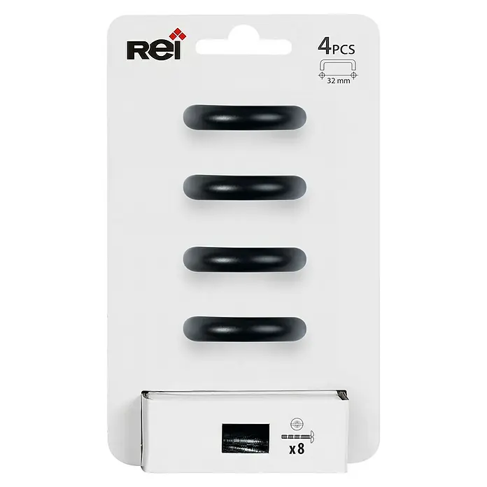 Rei Tirador para muebles - Distancia entre orificios: 32 mm, Negro, Mate, 4 ud. - Embalaje con cuatro clips de fijación en forma de U de plástico negro Rei, más ocho clips en una caja.
