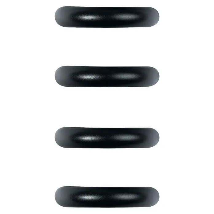 Rei Tirador para muebles - Distancia entre orificios: 32 mm, Negro, Mate, 4 ud. - Un primer plano de cuatro anillos negros. Estos anillos son lisos y tienen una textura sutil que irradia un diseño moderno y minimalista.