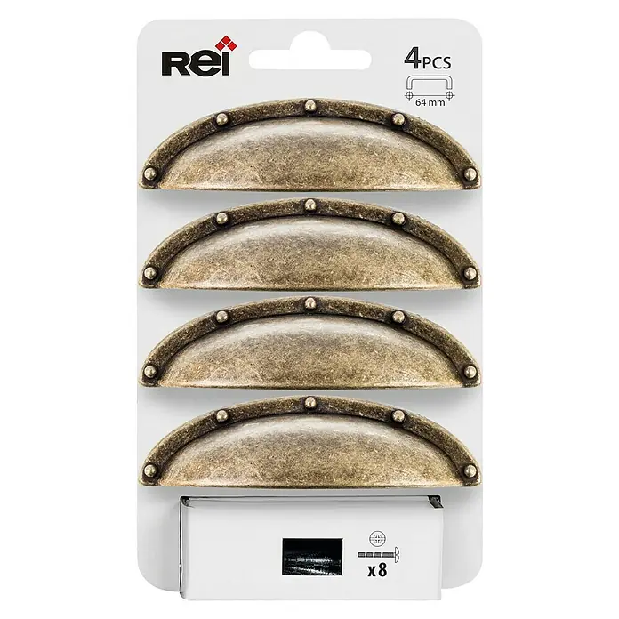 Rei Tirador para muebles 2004 - Distancia entre orificios: 64 mm, Cuero viejo, 4 ud. - Foto del producto: Un paquete de cuatro tiradores para muebles Rei de estilo vintage en bronce, con ocho tornillos para su instalación.