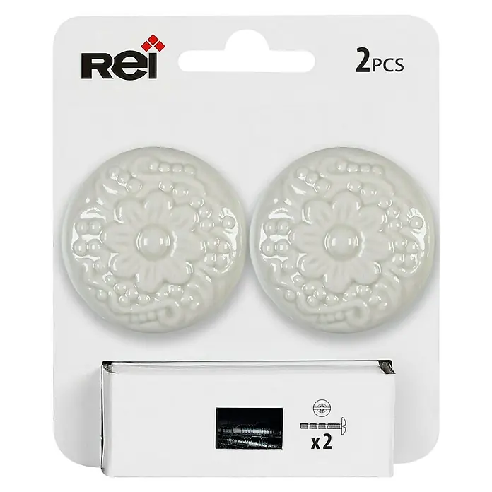 Rei Pomo para muebles - Diámetro: 44 mm, Blanco, Brillante, 2 ud. - Imagen del producto de Rei: paquete de 2 pomos decorativos con diseño floral en blanco, ideales para muebles o decoraciones. Incluye tornillos para un fácil montaje.