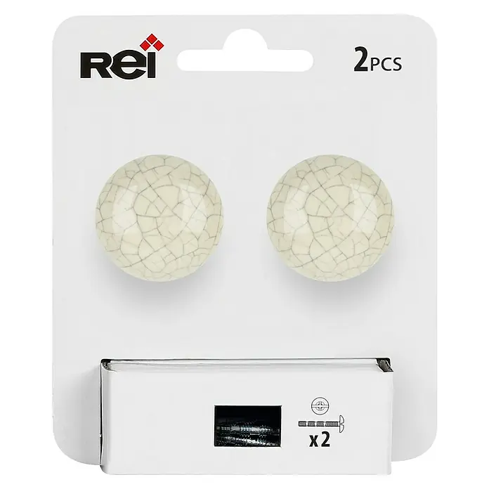 Rei Pomo para muebles - Diámetro: 30 mm, Blanco roto, Brillante, 2 ud. - Un paquete de dos pomos para muebles Rei. Los pomos son redondos y de color crema con un diseño agrietado.
