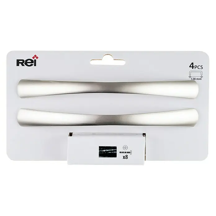 Rei Tirador para muebles 589A - Distancia entre orificios: 128 mm, Cromo, Mate, 2 ud. - Un paquete de cuatro tiradores de muebles REI de color plateado, tornillos incluidos, para un fácil montaje en armarios o cajones.