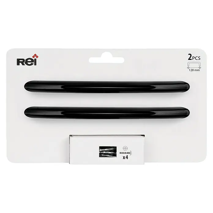 Rei Tirador para muebles - Distancia entre orificios: 128 mm, Negro, Brillante, 2 ud. - Un paquete con dos manijas negras REI y cuatro tornillos de acompañamiento.