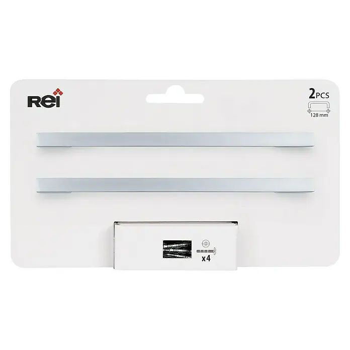 Rei Tirador para muebles 541A - Distancia entre orificios: 128 mm, Cromo, Mate, 2 ud. - Dos tiradores de metal para muebles Rei, empaquetados en una tarjeta blanca con tornillos. Distancia orificios 128mm.