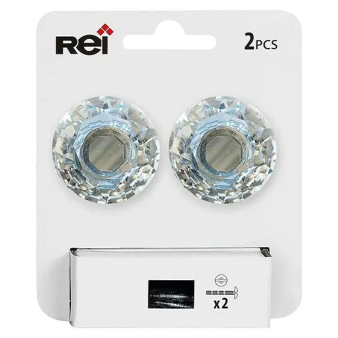 Rei Pomo para muebles - Diámetro: 40 mm, Transparente, Brillante, 2 ud. - Imagen del producto de dos pomos de muebles Rei con diseño de vidrio cristal, incluyendo tornillos.