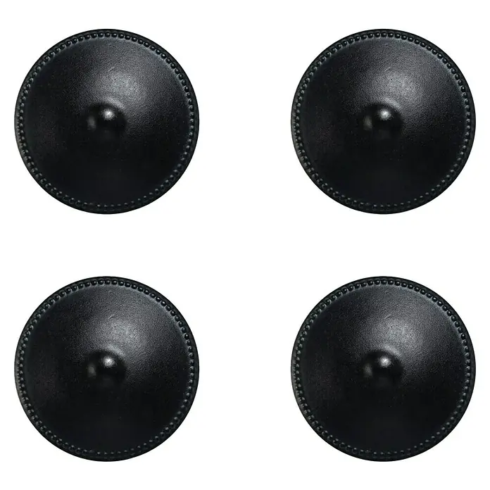 Rei Pomo para muebles 3121 - Diámetro: 30 mm, Negro, 4 ud. - Primer plano de cuatro posavasos negros con bordes de cuentas y una cúpula central, ideales para mesas.