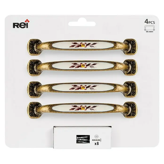 Rei Tirador para muebles - Distancia entre orificios: 96 mm, Blanco/Cuero, Brillante, 4 ud. - Paquete de cuatro tiradores de gabinete de bronce con detalles florales y tornillos de montaje para una fácil instalación.