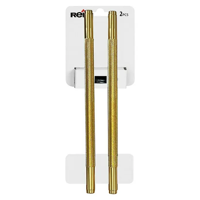 Rei Tirador para muebles 6301 - Distancia entre orificios: 192 mm, Latón, 2 ud. - Imagen de dos punzones de trazar dorados presentados en una tarjeta blanca etiquetada como '2PCS'. Herramientas para marcaje preciso.