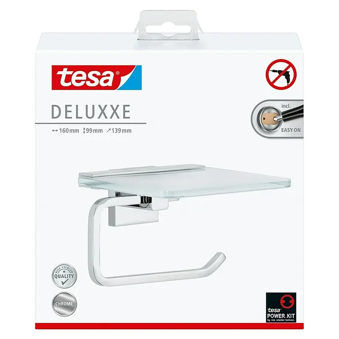 Tesa Deluxxe Papierrollenhalter - Mit Ablage, Chrom, Glänzend - Produktverpackung für Tesa Deluxxe Badaccessoire mit Ablagefläche und Chrom-Toilettenpapierhalter zur Wandmontage ohne Bohren.