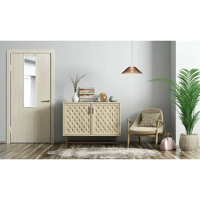 Türspiegel Bea - 30 x 120 cm, Weiß - Einladender Raum mit einem stilvollen Schrank mit Muster, einer Tür mit Spiegel und einem bequemen Sessel, der eine wohnliche Atmosphäre schafft.