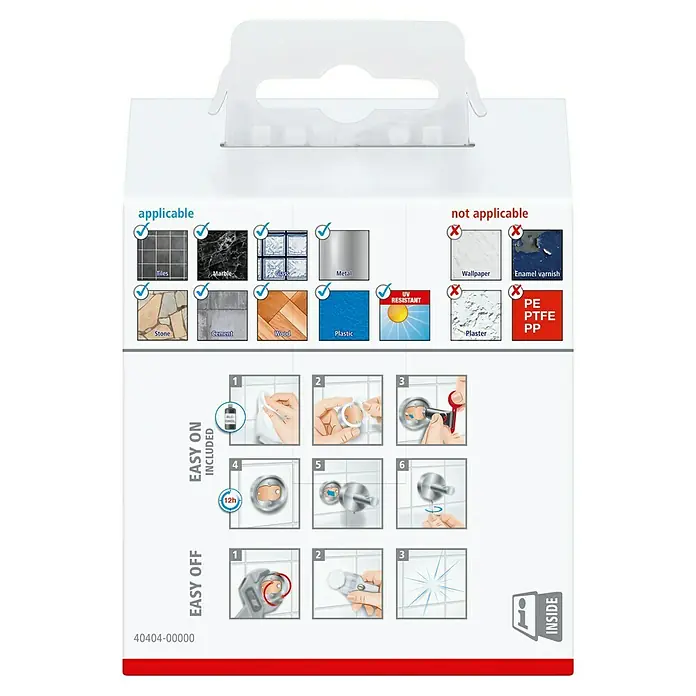Tesa Deluxxe Handtuchhaken - Chrom, Glänzend - Eine Packung eines Produkts mit Montageanleitung und Informationen zur Anwendbarkeit auf verschiedenen Oberflächen.