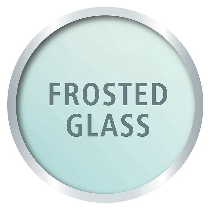 Tesa Smooz WC-Bürstengarnitur - Mit Halterung, Metall, Chrom - Ein runder Aufkleber mit silbernem Rand und dem Text "Frosted Glass" in grauer Schrift auf hellblauem Hintergrund.