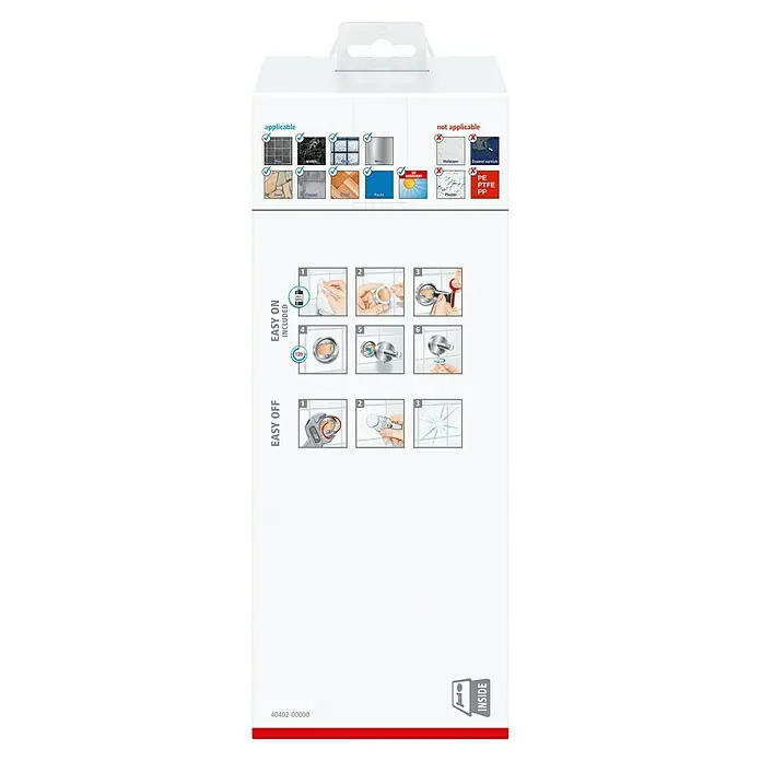 Tesa Deluxxe WC-Bürstengarnitur - Mit Halterung, Metall, Chrom - Bild der Anbringungs- und Entfernungshinweise für das Produkt, einschliesslich der Oberflächen, auf denen es verwendet werden kann.