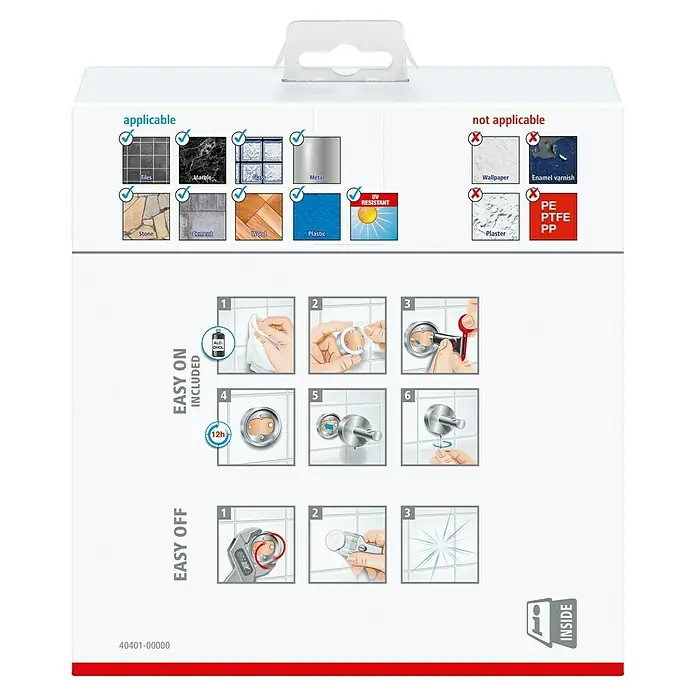 Tesa Deluxxe Papierrollenhalter - Mit Ablage, Chrom, Glänzend - Anwendbare und nicht anwendbare Oberflächen für die Anbringung, zusammen mit einer schrittweisen Anleitung zur Montage und Demontage.