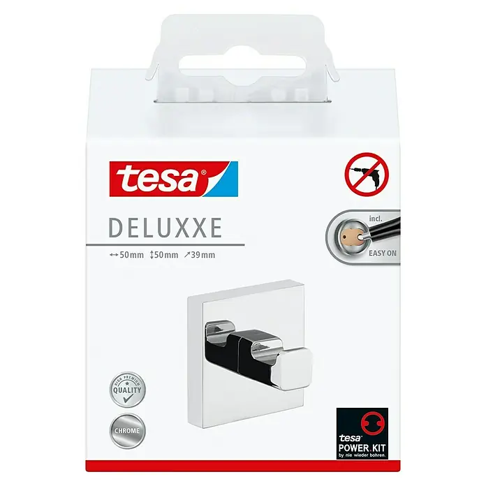 Tesa Deluxxe Handtuchhaken - Chrom, Glänzend - Abbildung eines Tesa Deluxxe Wandhaken-Kits in Chromoptik, montagefreundlich ohne Bohren dank Power.Kit Technologie.