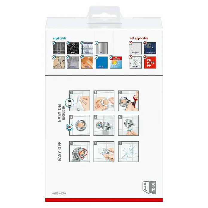 Tesa Deluxxe Eckduschkorb - L x B x H: 15 x 22 x 5,5 cm, Chrom, Glänzend - Produktdetails: Anwendbarkeit, Montageanleitung und Demontagehinweise für das Produkt auf der Verpackung dargestellt.