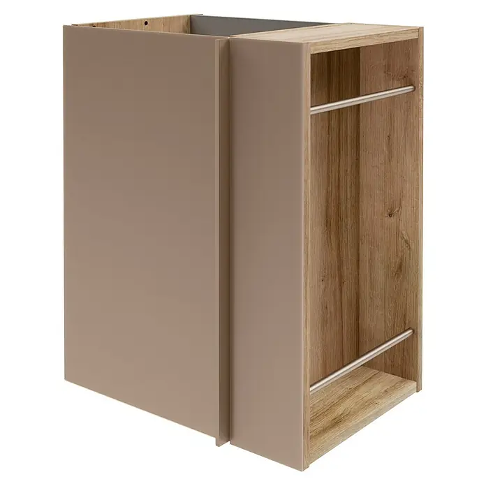Camargue Marea Badmöbel-Set Mini - Gesamtbreite Badmöbel: 50 cm, Berg Eiche/Goldbronze, Matt - Ansicht eines Möbelelements in Beige und Holzoptik, mit zwei Metallstangen, ideal für die Aufbewahrung.