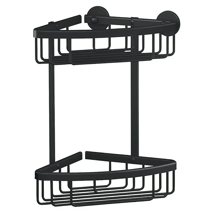 Tesa Aluxx Eckduschkorb - L x B x H: 16,3 x 16,3 x 26,2 cm, Schwarz, Matt - Eckregal mit zwei Ablageflächen. Ein schwarzes, an der Wand montiertes Badezimmerregal mit zwei Körben bietet praktischen Stauraum.