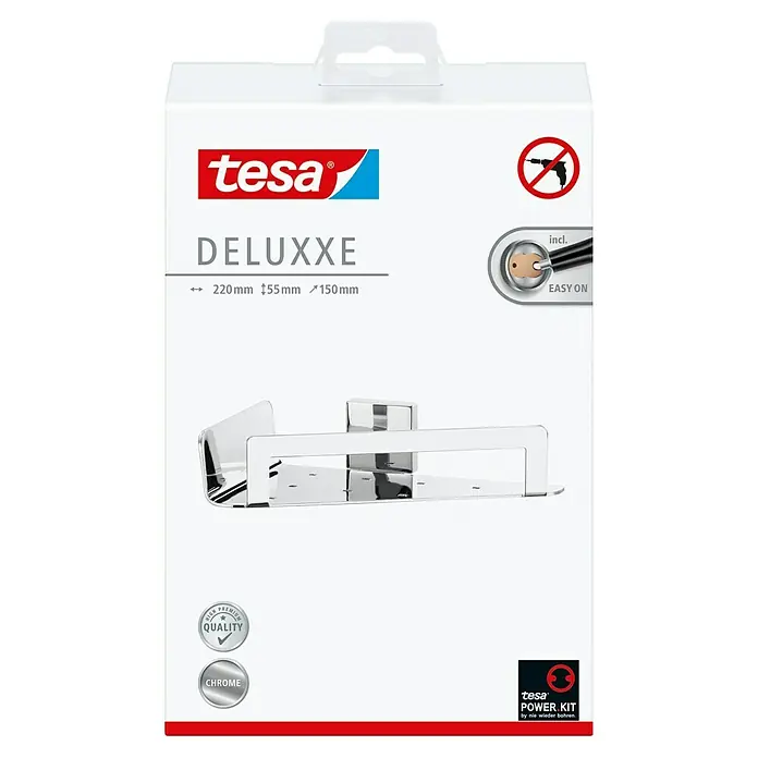 Tesa Deluxxe Eckduschkorb - L x B x H: 15 x 22 x 5,5 cm, Chrom, Glänzend - Verpackung des Tesa Deluxx Duschregals in Chrom, mit den Maßen 220mm x 55mm x 150mm und der Tesa Power.Kit Klebetechnologie.