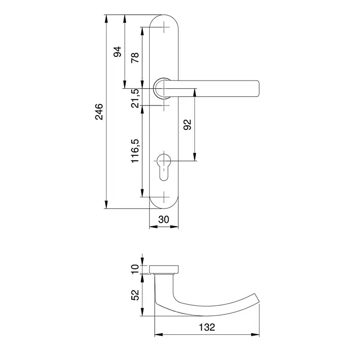 Portaferm Rahmentürdrücker HERA - Aluminium, Silber - Technische Zeichnung einer Türgarnitur mit Maßen. Das lineare Design zeigt die Details der Türklinke und des Schildes.