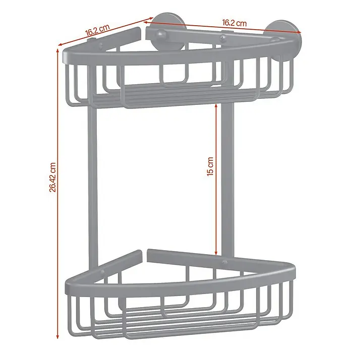 Tesa Aluxx Eckduschkorb - L x B x H: 16,3 x 16,3 x 26,2 cm, Schwarz, Matt - Bild eines Eckregals mit zwei Ablagen und den dazugehörigen Maßangaben.